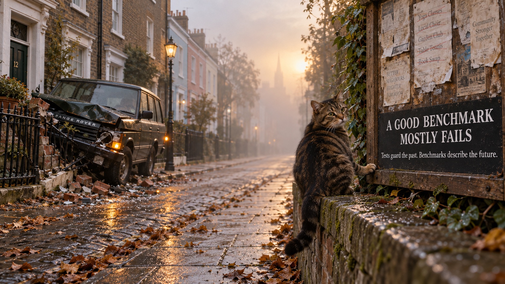 A cat beside a street notice reading: A good benchmark mostly fails. Tests guard the past. Benchmarks describe the future.