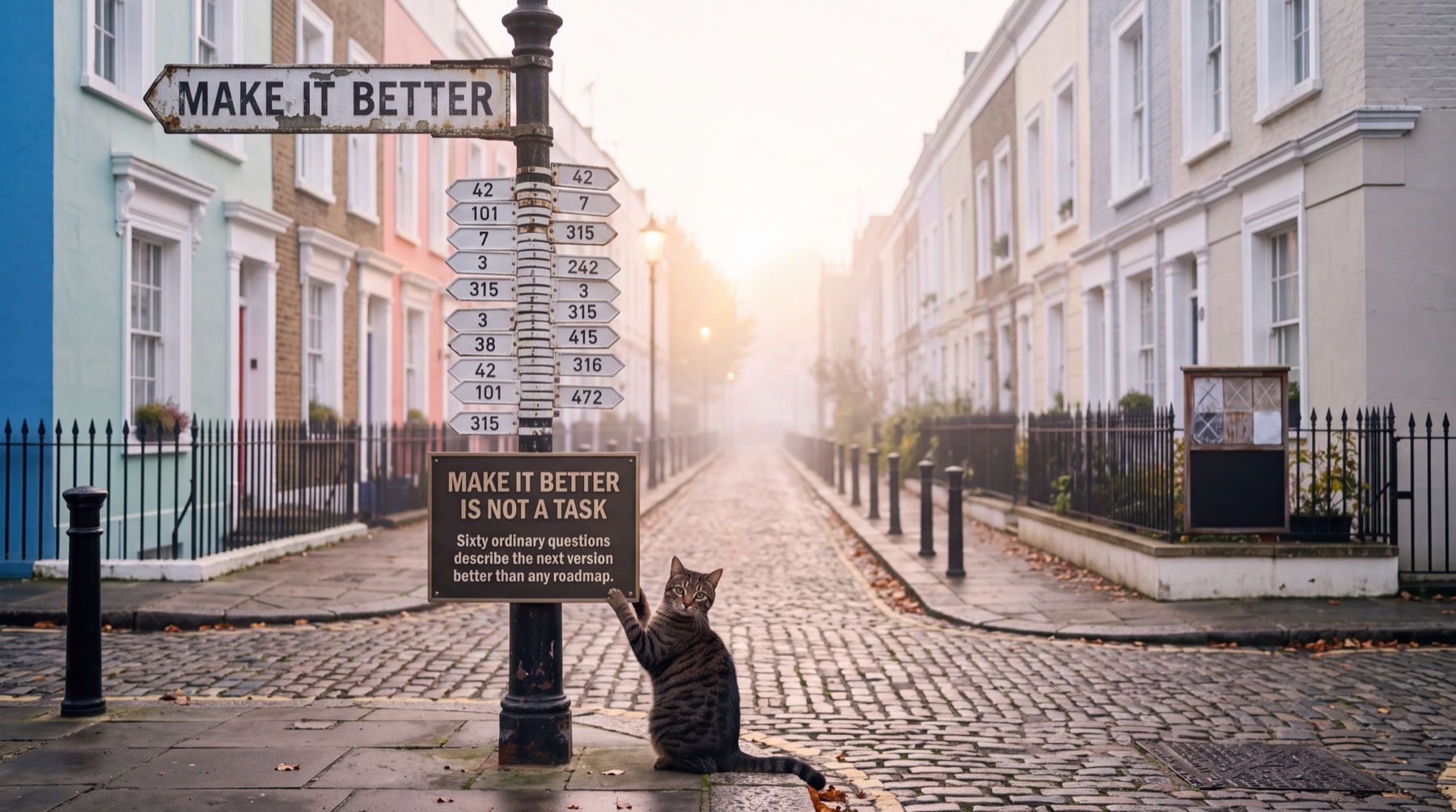 A cat beneath a signpost pointing in many directions. The sign reads: Make it better is not a task. Sixty ordinary questions describe the next version better than any roadmap.