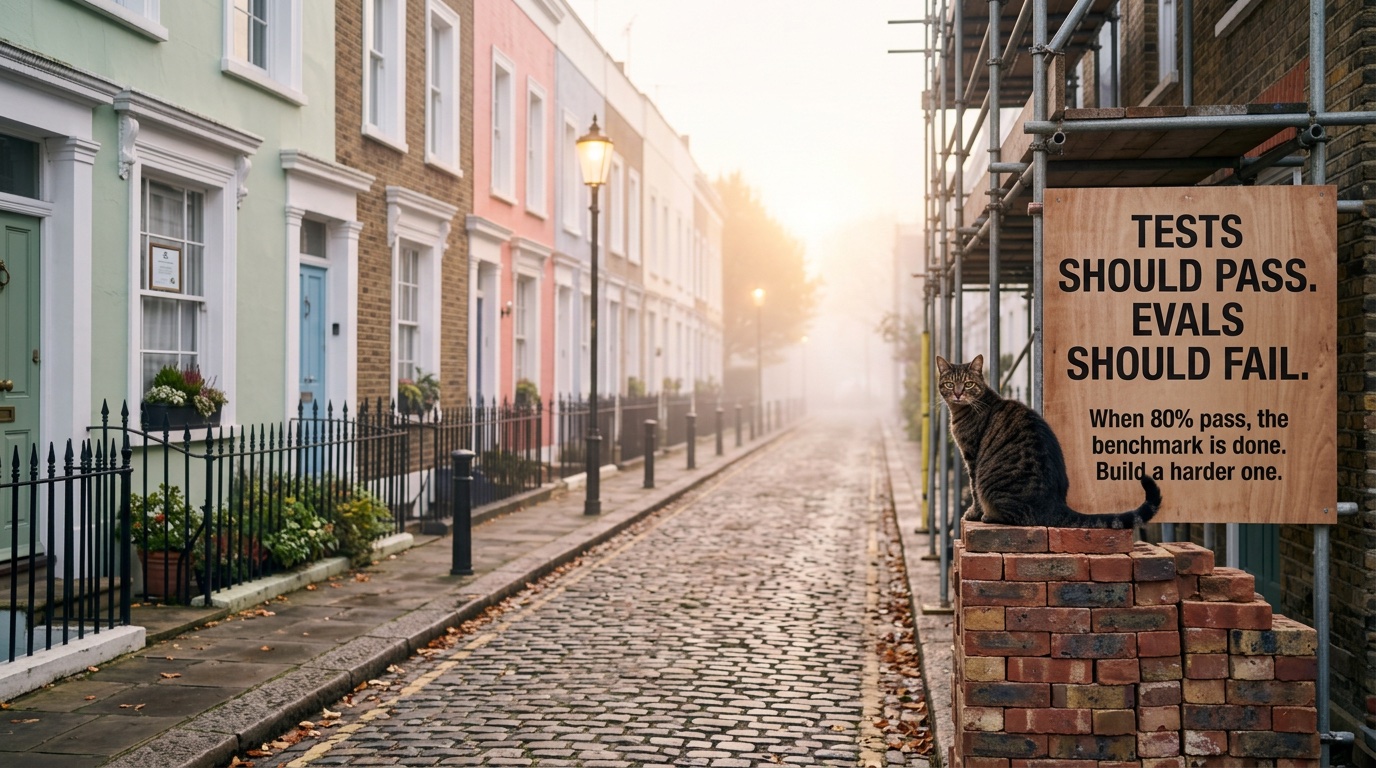 A cat on a stack of bricks beside a sign: Tests should pass. Evals should fail. When 80% pass, the benchmark is done. Build a harder one.