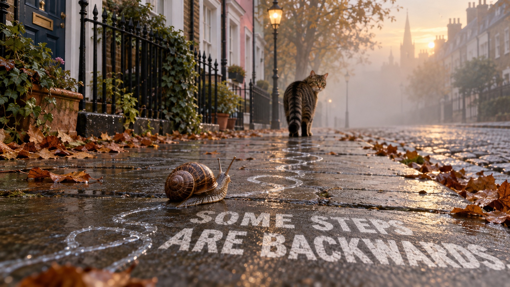 A snail follows a winding chalk trail while a cat looks back along the street. Written on the pavement: Some steps are backwards.