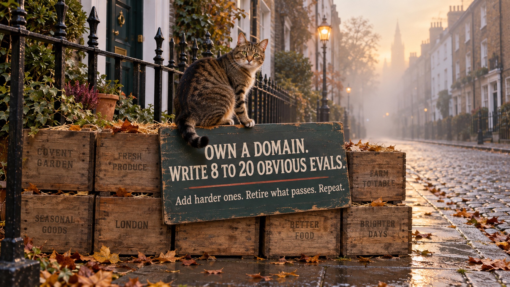 A cat on market crates above a sign: Own a domain. Write 8 to 20 obvious evals. Add harder ones. Retire what passes. Repeat.