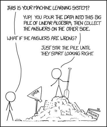 Comic about stirring a pile of linear algebra until its answers look right